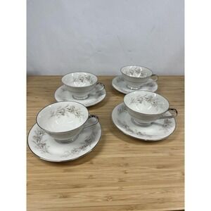 H&C Selb Heinrich Bavaria Teacups & Saucers Gray Floral Platinum Set of 4